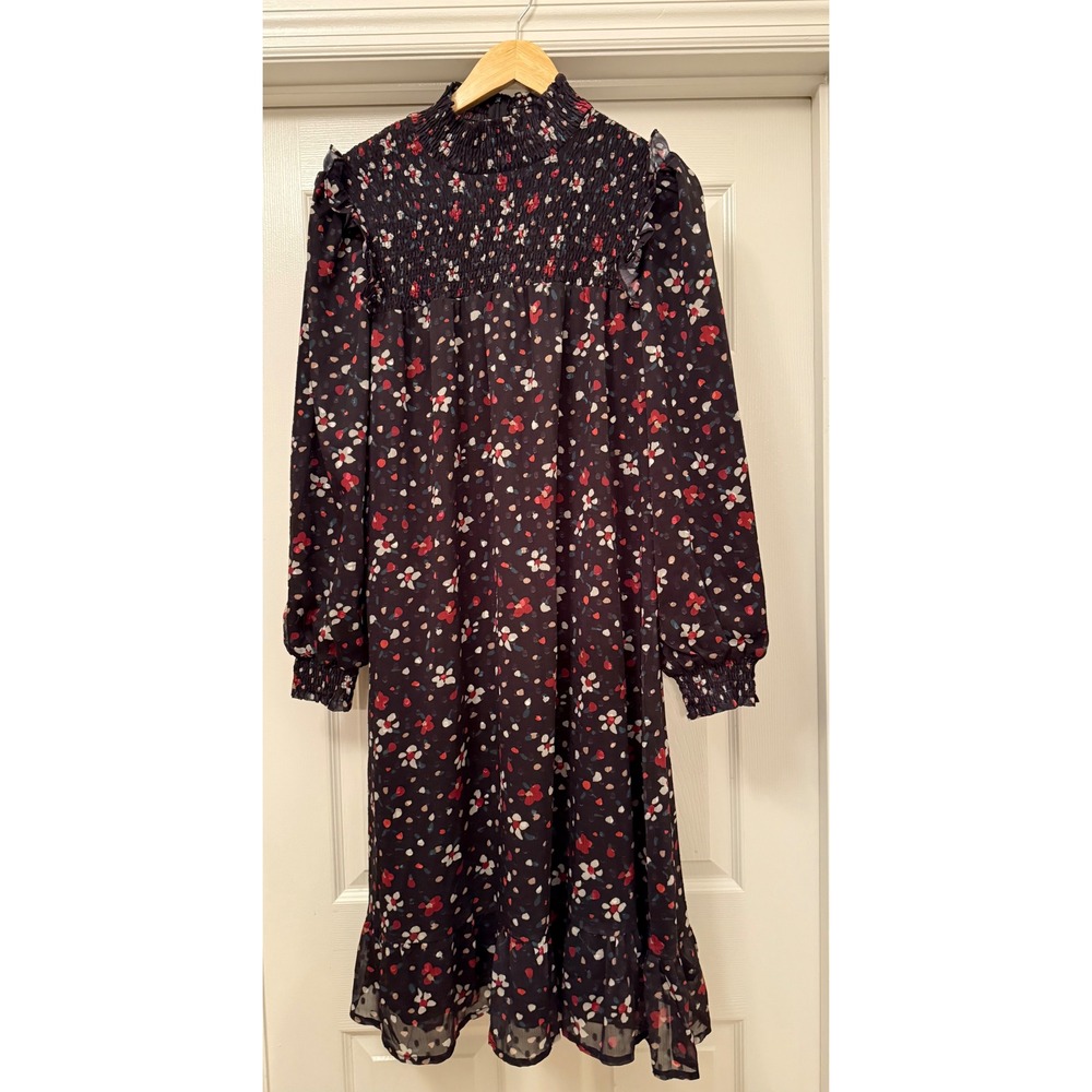 Paper Parachute Dress Womens XS Navy Floral Smocked Mock Neck Ruffle Tiered Midi